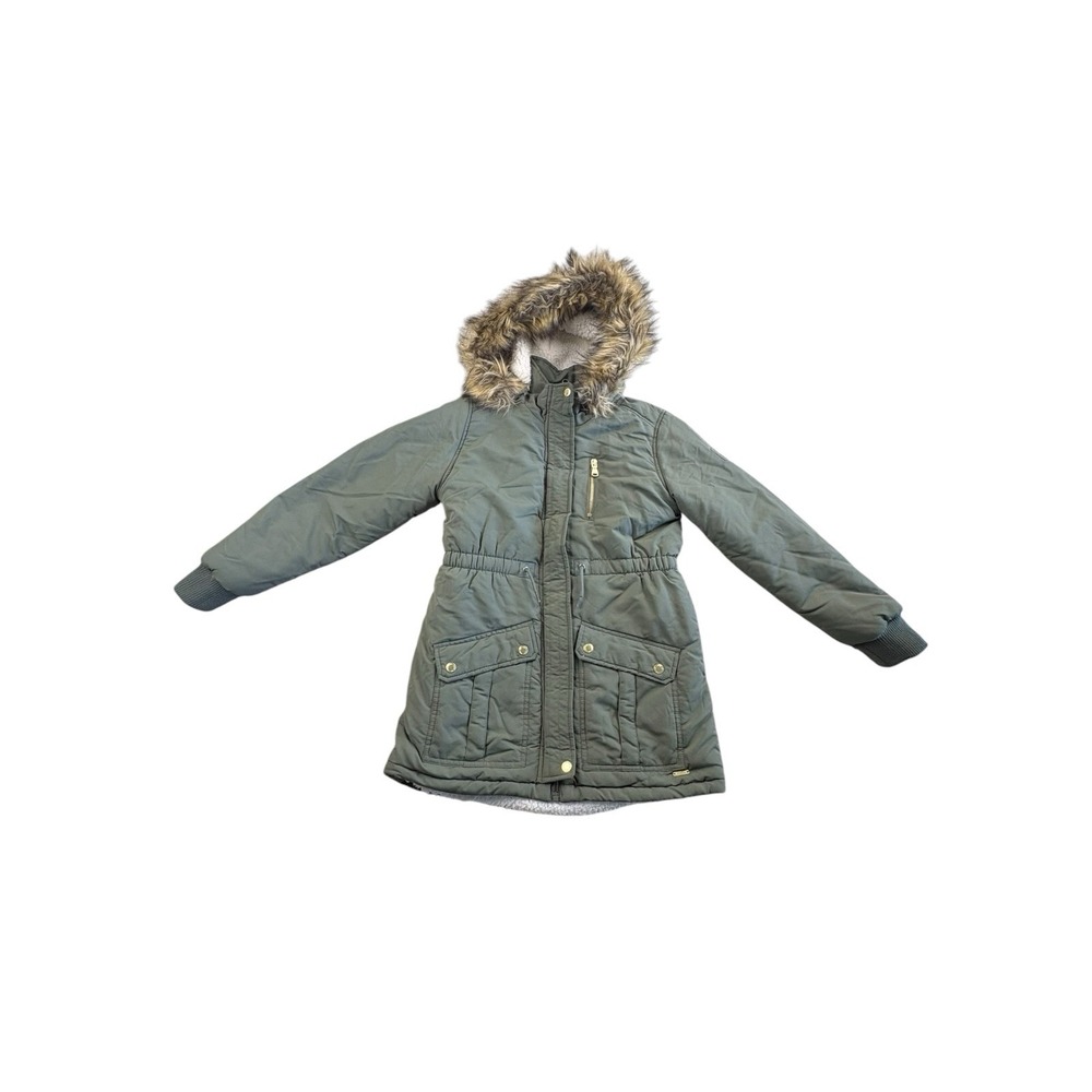 Justice Girlsโ Olive Parka Jacket Faux Fur Hood Coat Size L 12/14